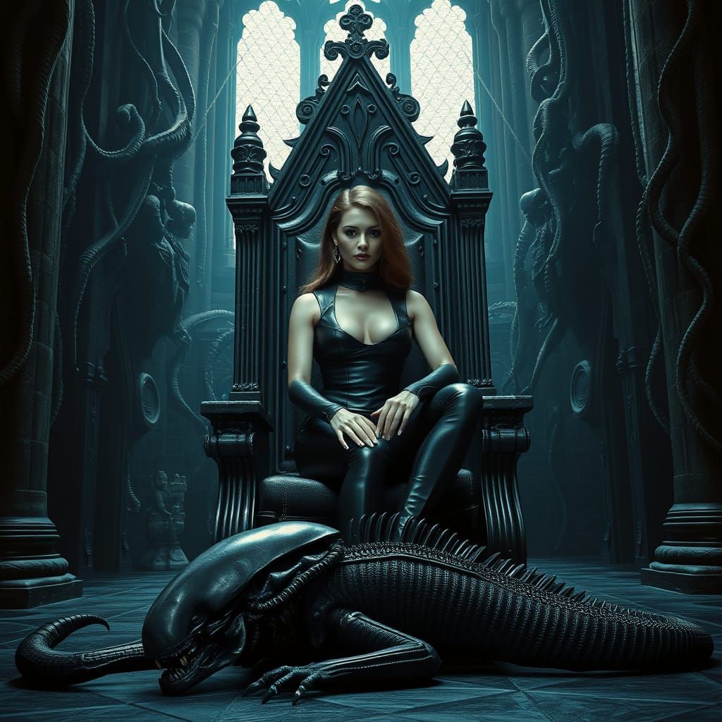 Gothic Throne: Sci-Fi Queen with Xenomorph