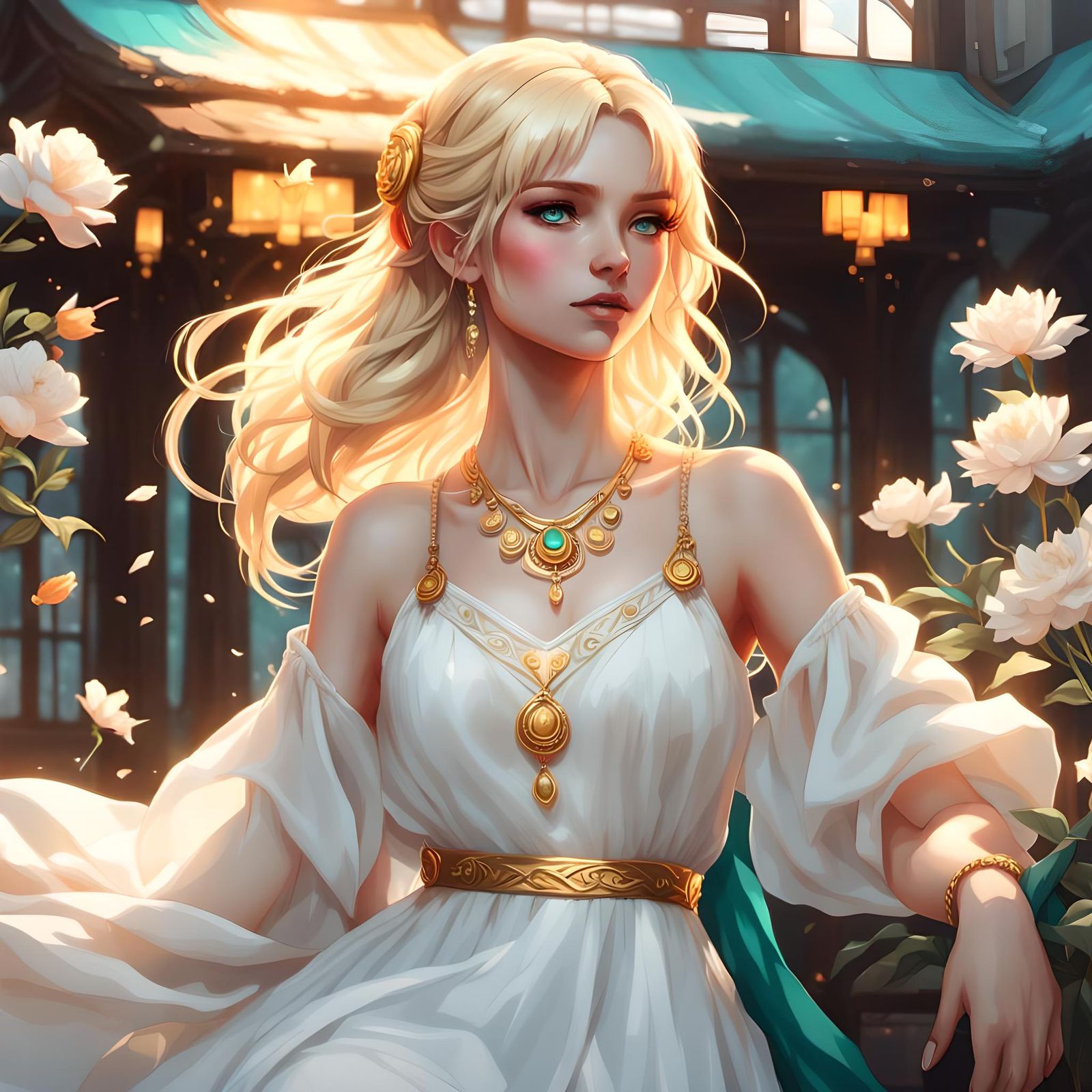 Anime Girl in White Dress with Gold