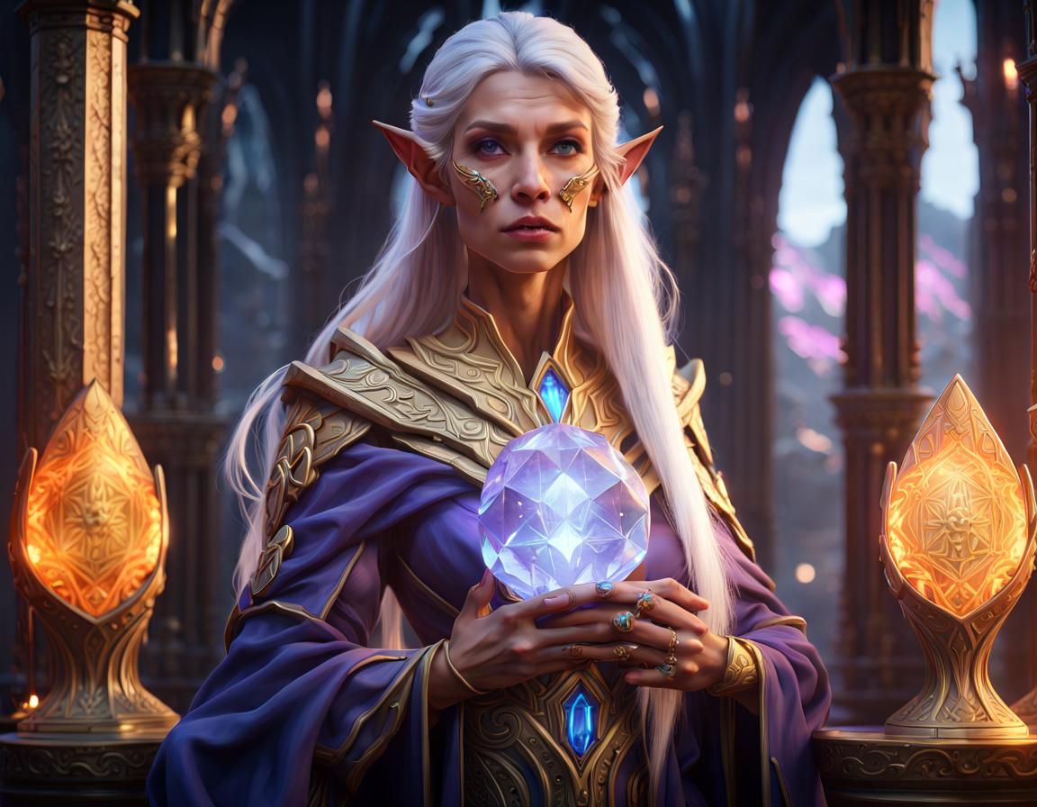 Sun Elf Enchantress in Elven Tower, Detailed Matte Painting
