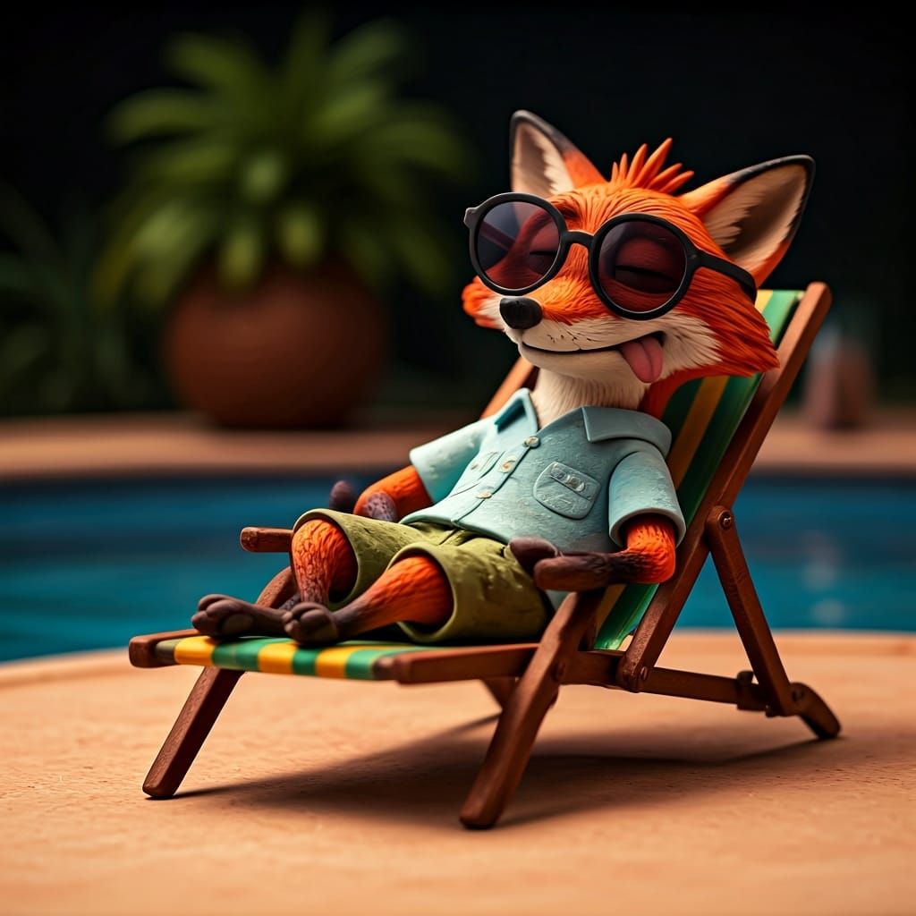 Fox Lounging Poolside in Claymation Style