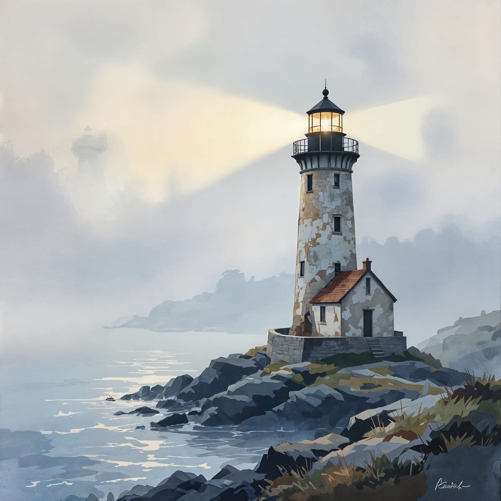 Lighthouse Guiding Ships, Impressionist Gouache Style
