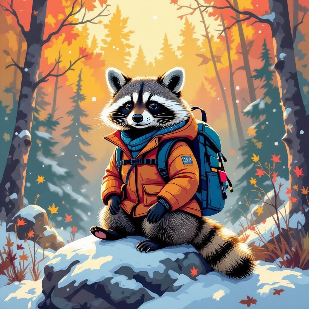 Raccoon in Winter Gear Amidst Colorful Forest