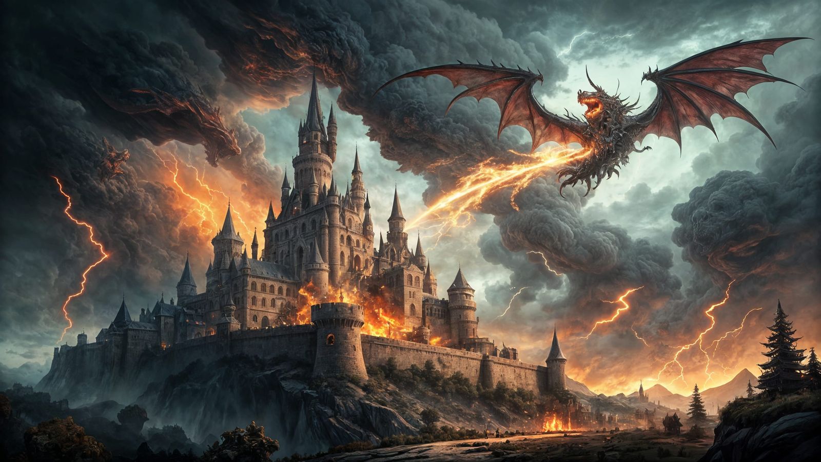 Surreal Castle Under Siege by a Fiery Dragon