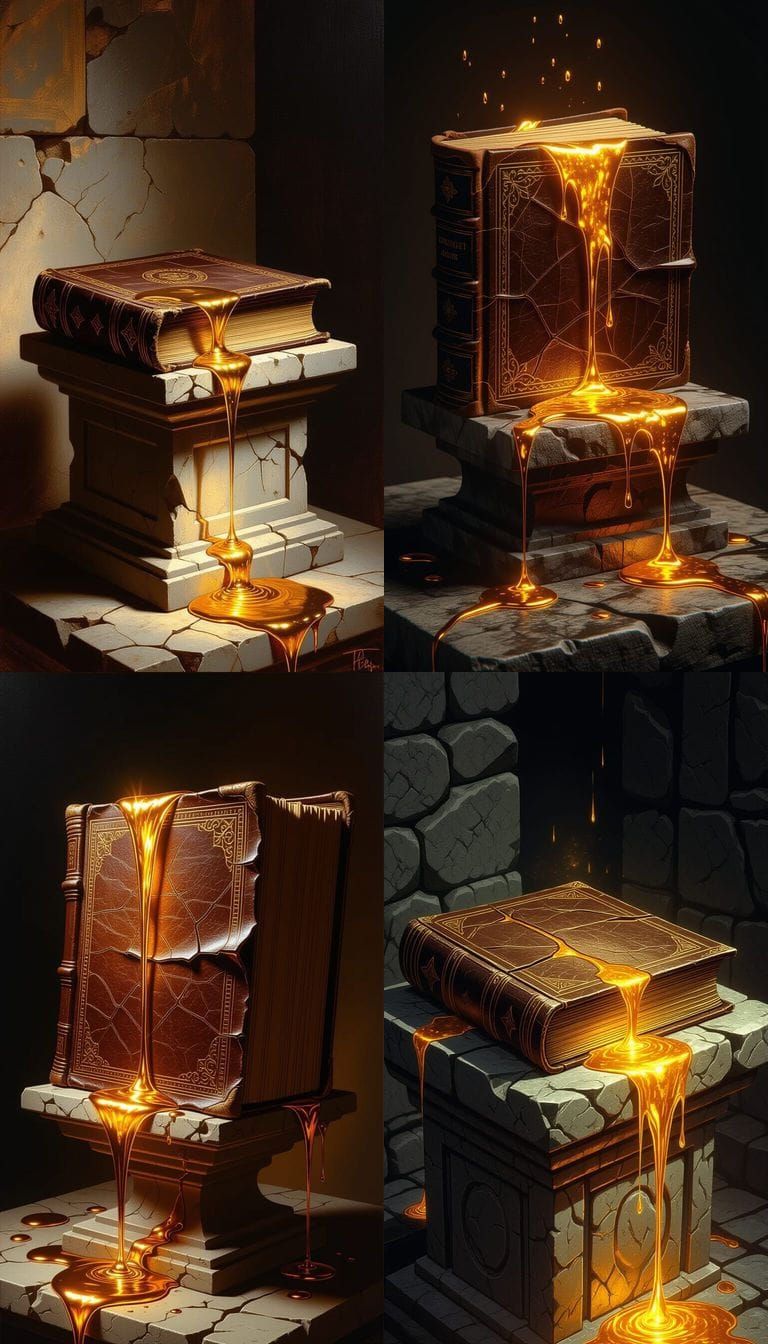 Ancient Cracked Book with Dripping Gold Liquid