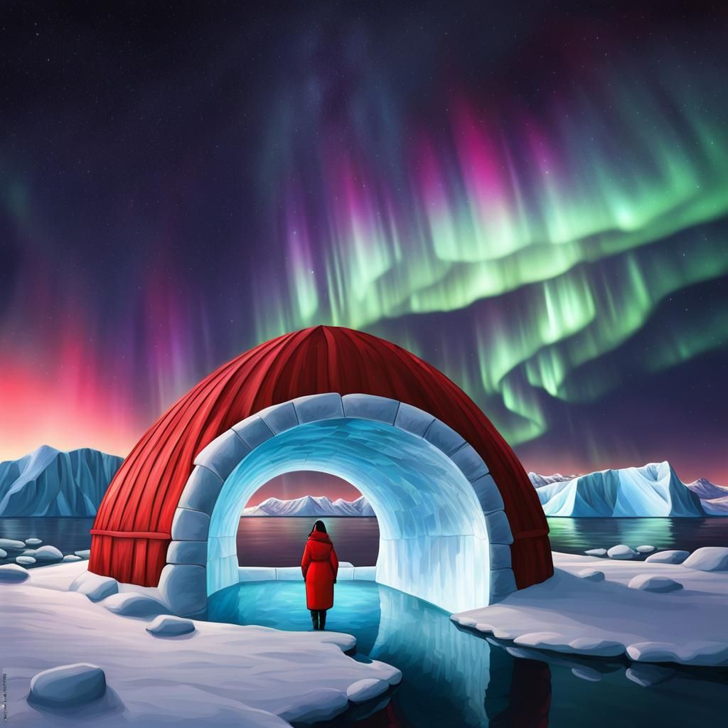 Arctic Igloo at Midnight with Northern Lights
