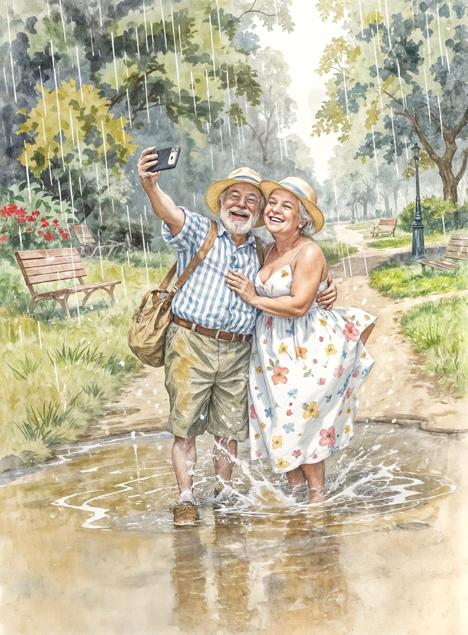 Joyful Elderly Couple Splashing in Rainy Park Puddle