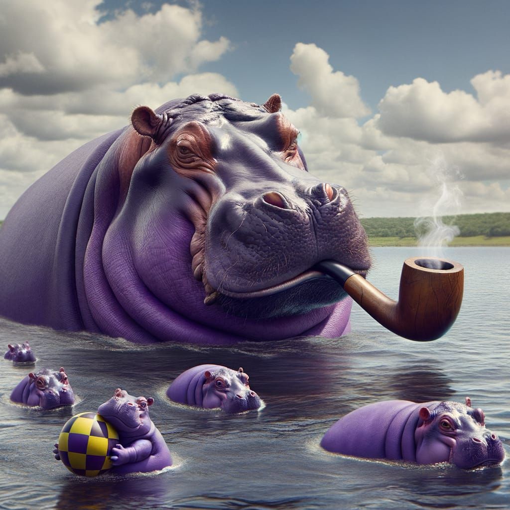 Purple Hippos Relaxing by a Lake, Smoking a Pipe
