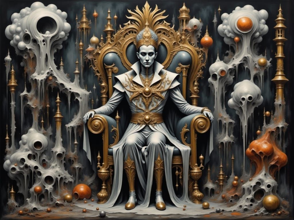 Regal Figure in Surrealist Dreamscape with Melting Objects