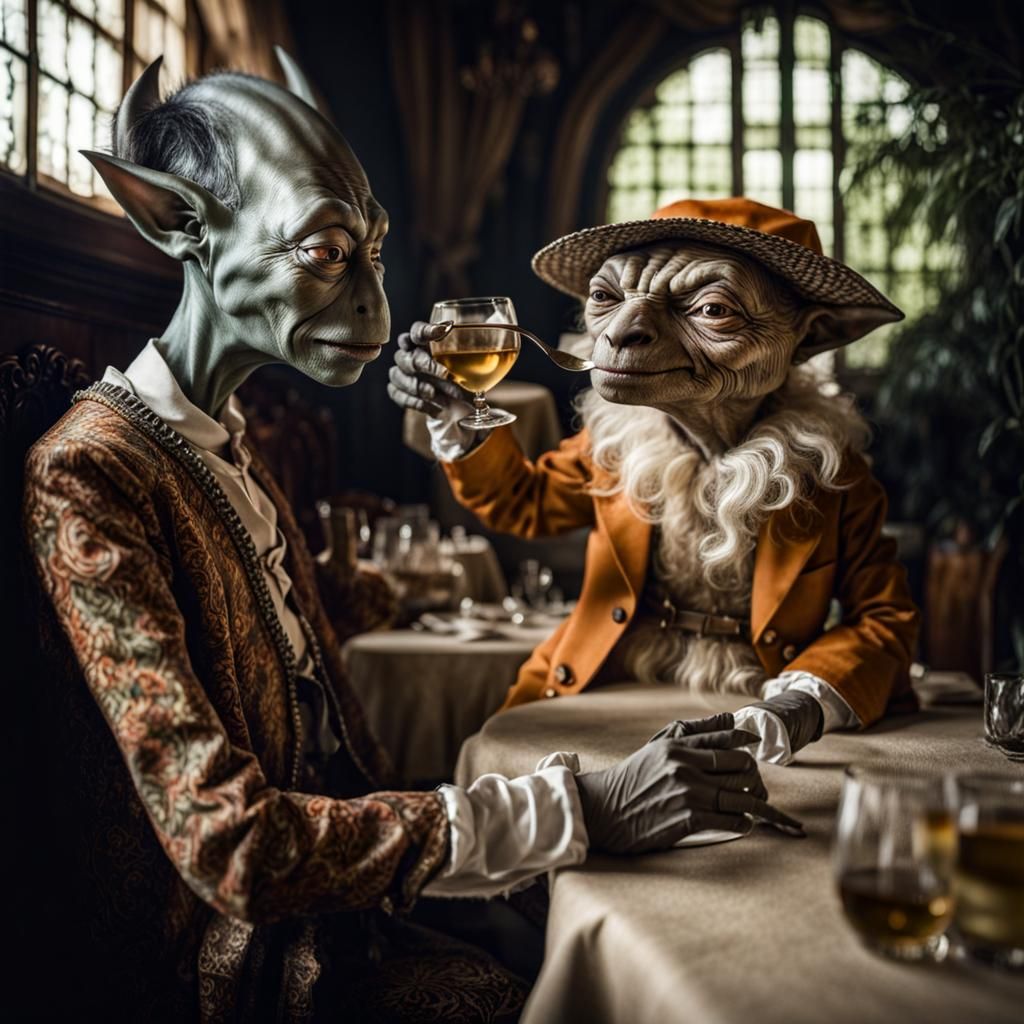 Surreal Alien Celebration in Dreamy Restaurant