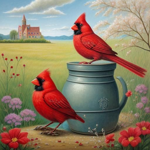 Surreal Red Cardinal in Oil Pastel Style