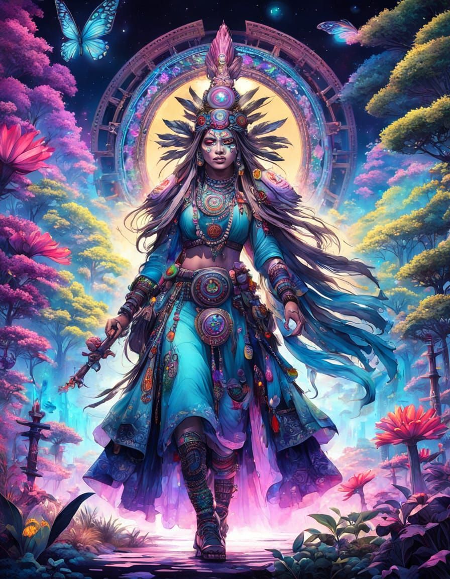 Surreal Aztec Shaman Goddess Amidst Vibrant Fantasy City