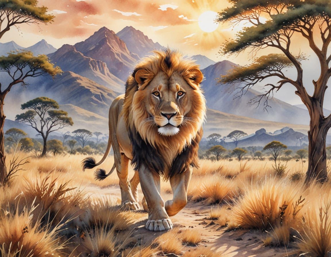 Majestic Lion with Glowing Mane Watercolor Painting