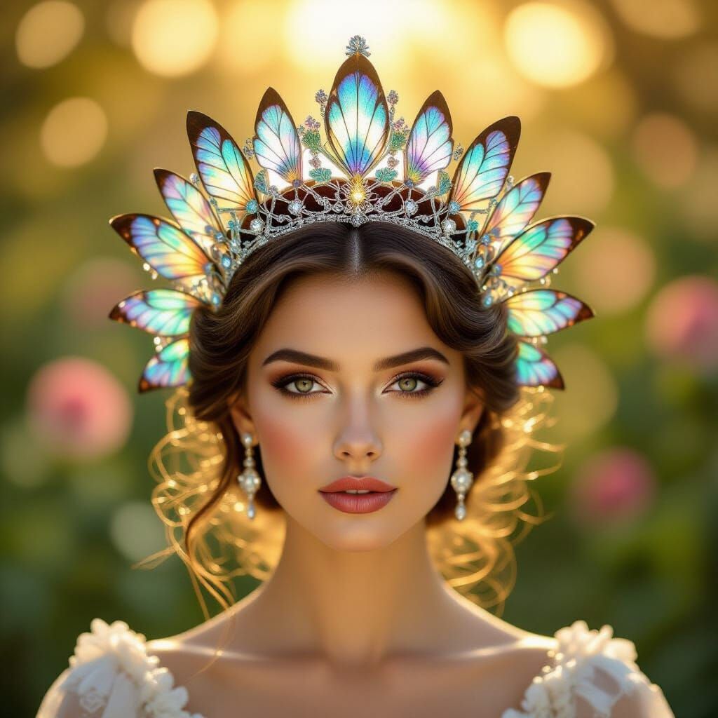 Queen's Iridescent Butterfly Wing Crown in Golden Hour Light