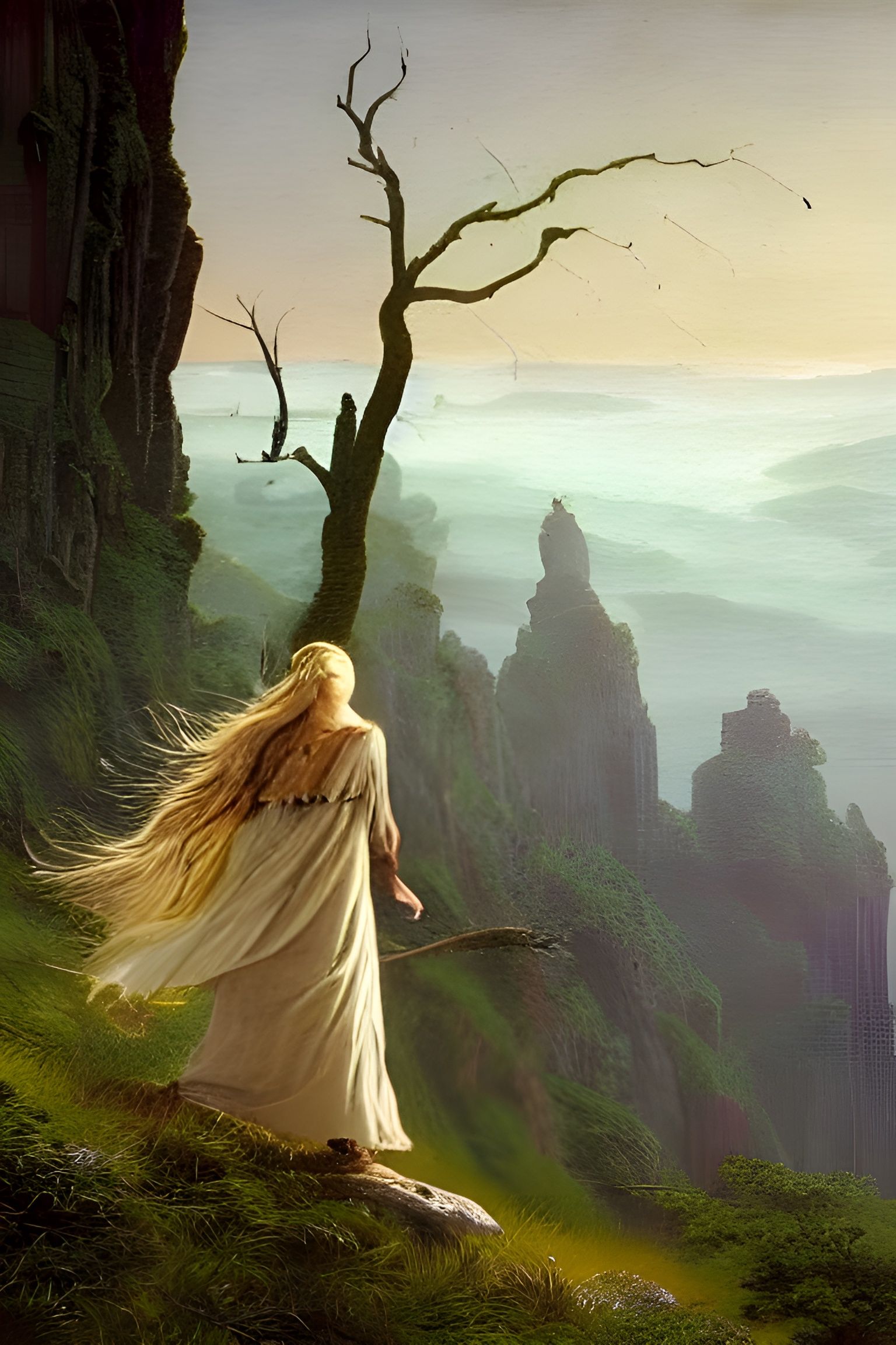 Fantasy Landscape with Lone Wanderer in Art Style