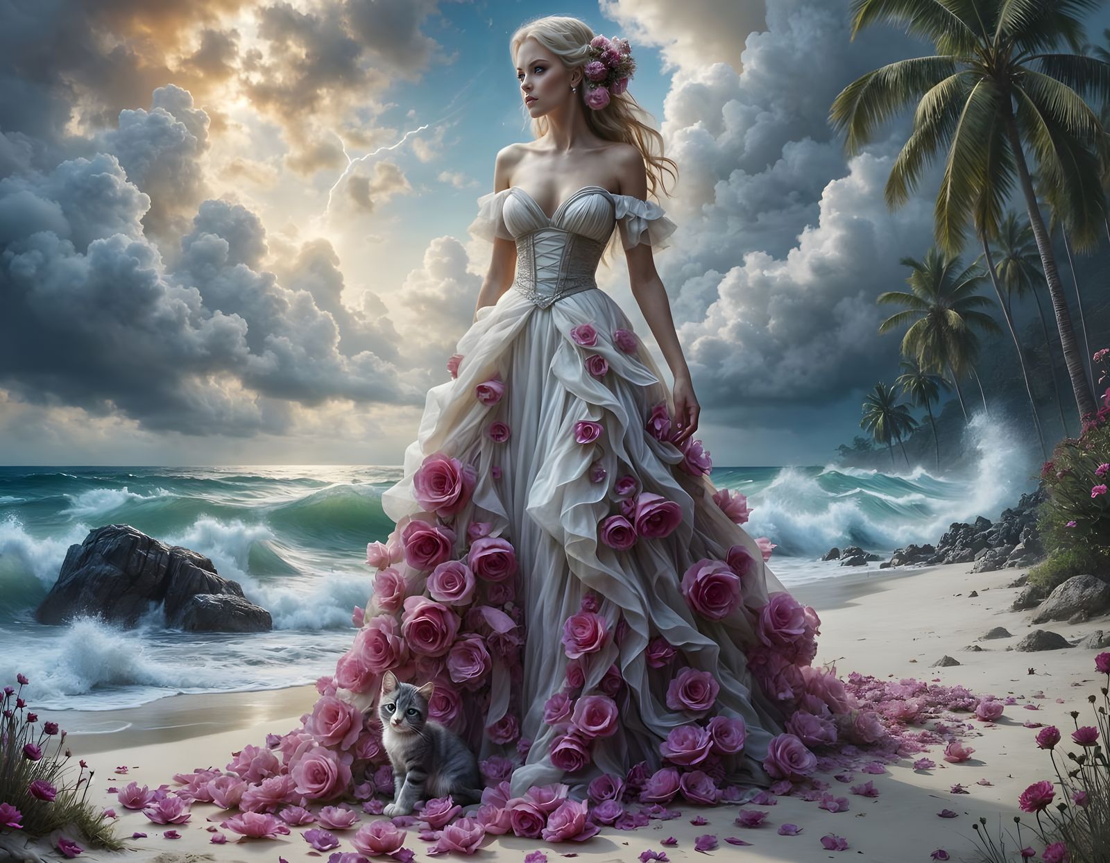 Fierce Bride on Stormy Beach with Cosmic Tree