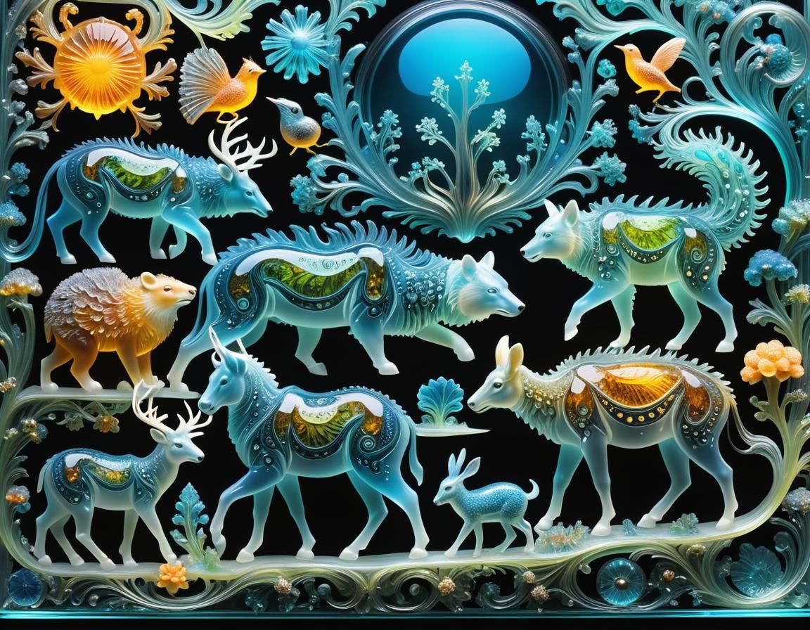 Luminous Glass Animals on Reflective Board