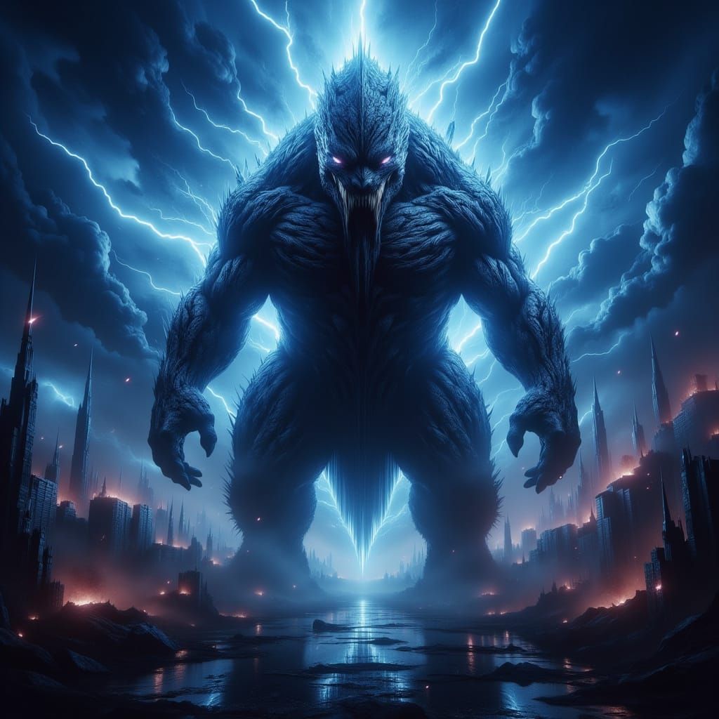 Colossal Gorgo Kaiju in Stormy Cityscape