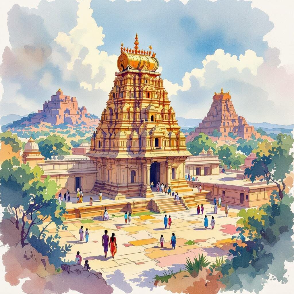 Vibrant Hampi Temple in Art Nouveau Watercolor