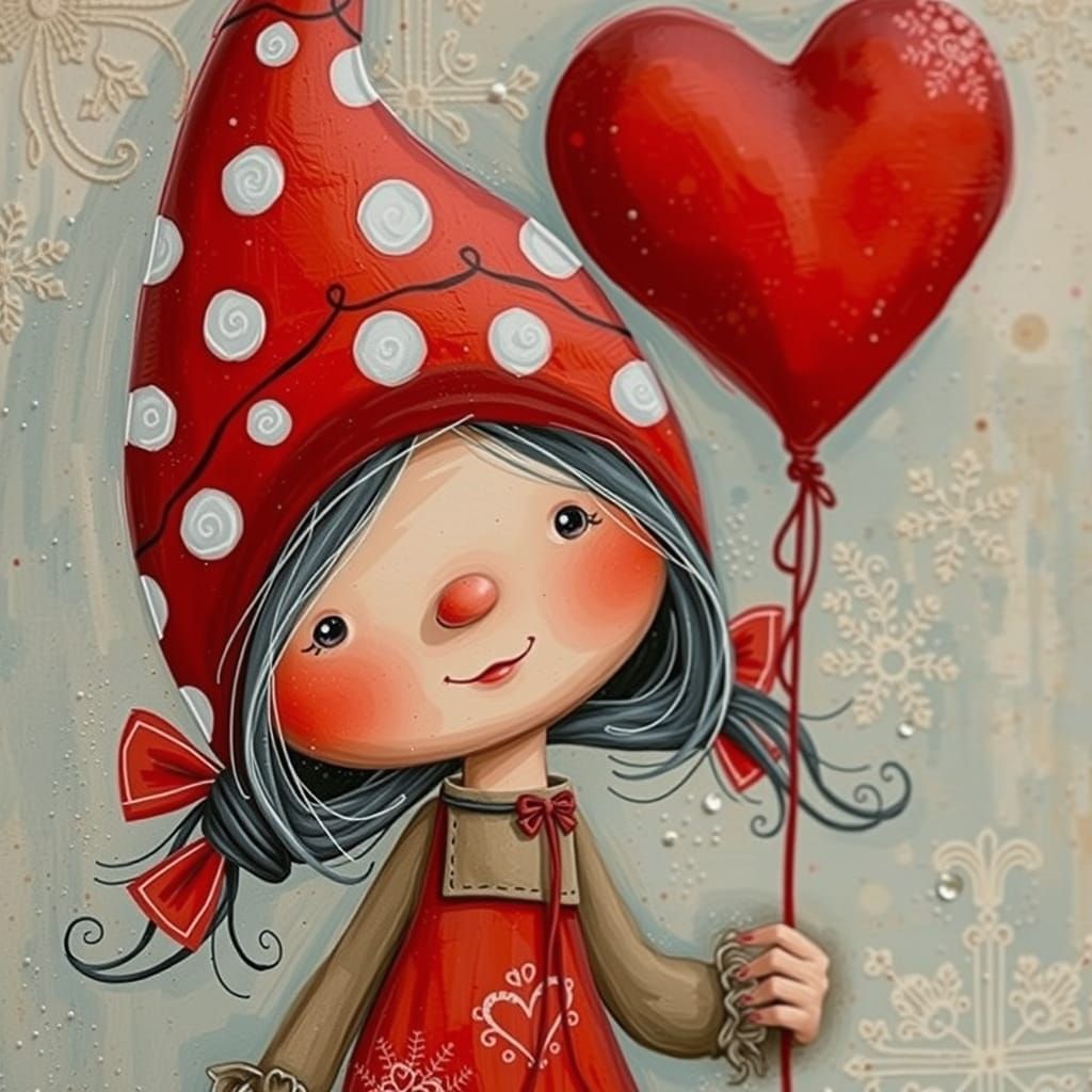 Whimsical Folk Art Gnome Holding Heart Balloon