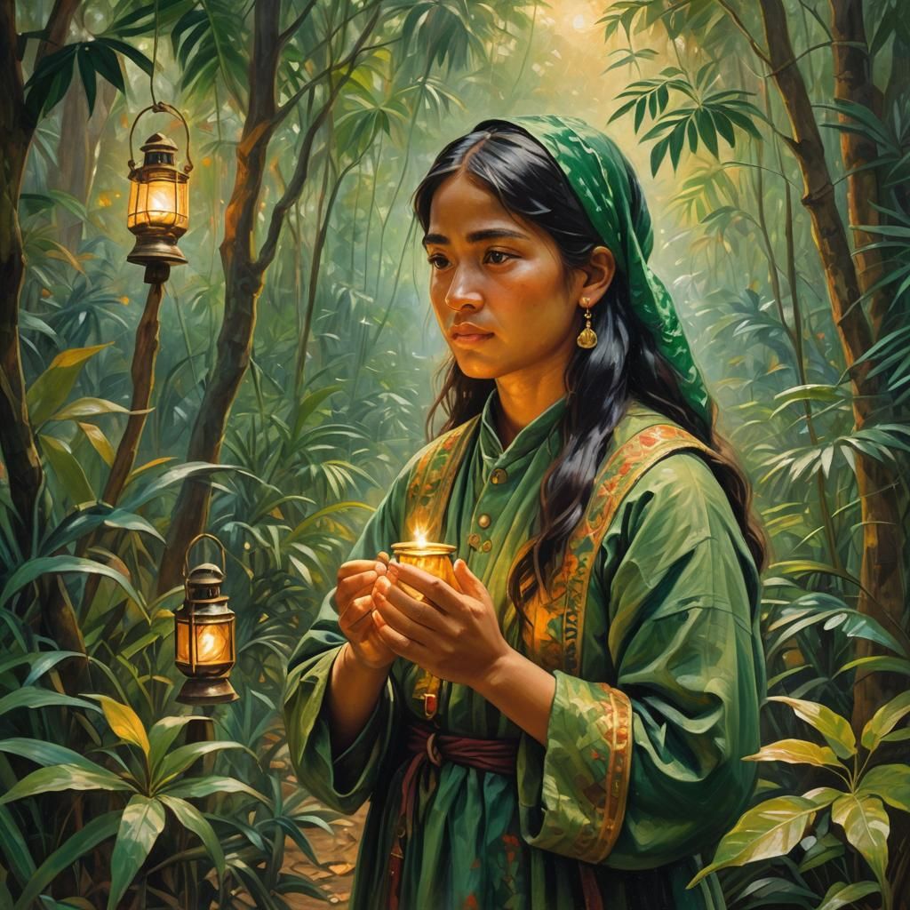 Girl Praying in Jungle: Impressionist Oil Painting