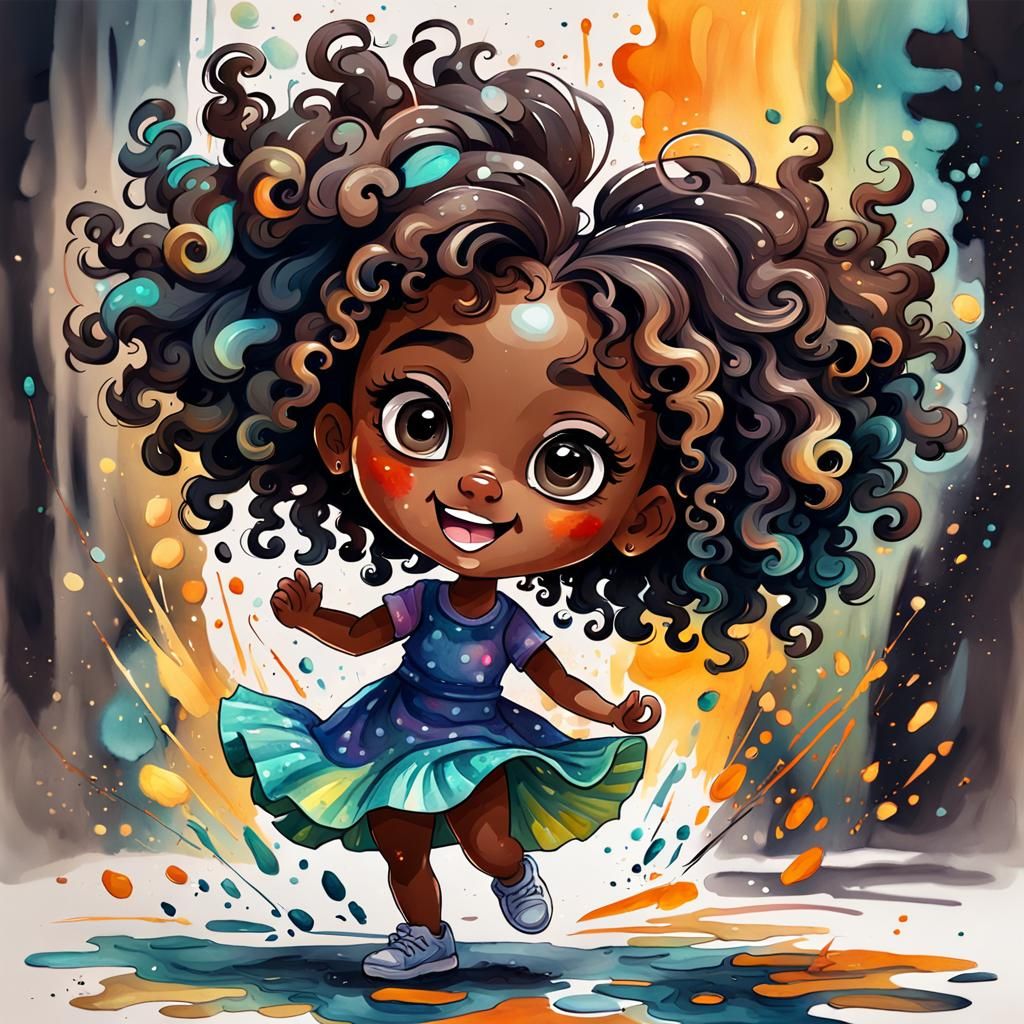 Cute Chibi Girl Dancing in Watercolor Style