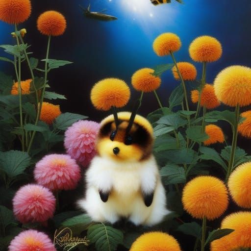 Hyperrealistic Bee-Bear Plush on Dahlia Flower