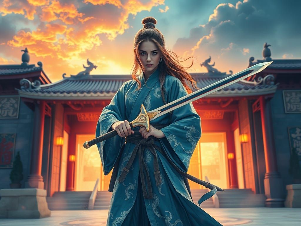 Warrior Maiden with Sword: Fantasy Watercolor Art