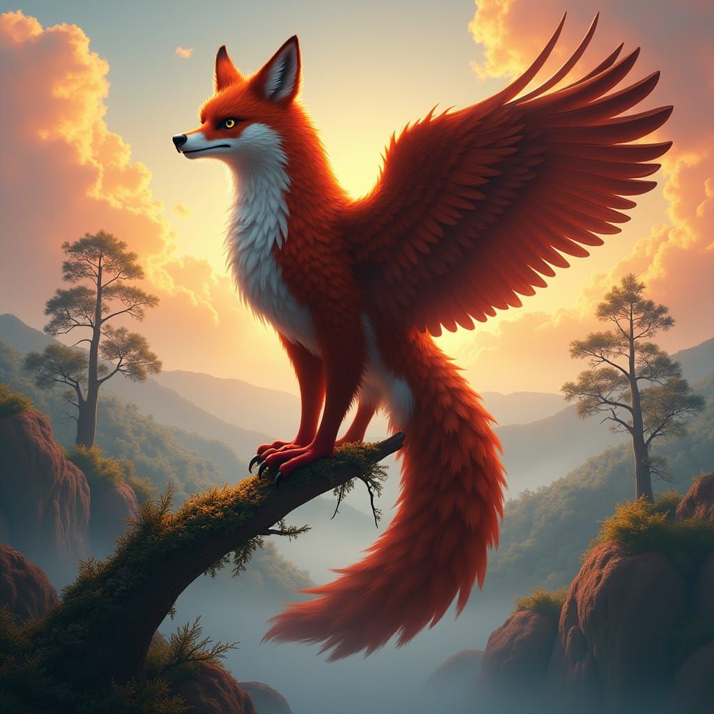 Majestic Eagle-Fox Hybrid in Dreamlike Landscape