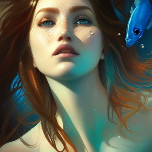 Woman in Water with Fish: Hyperdetailed Portrait