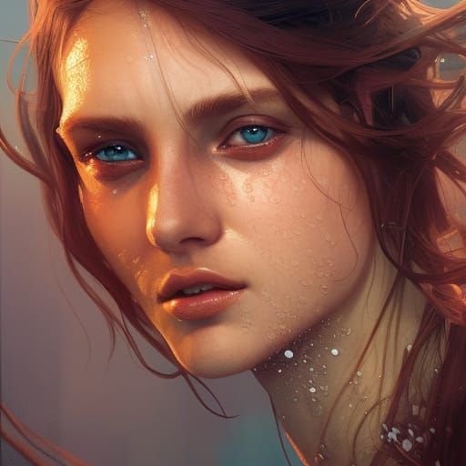 Woman in Water with Fish: Hyperdetailed Portrait