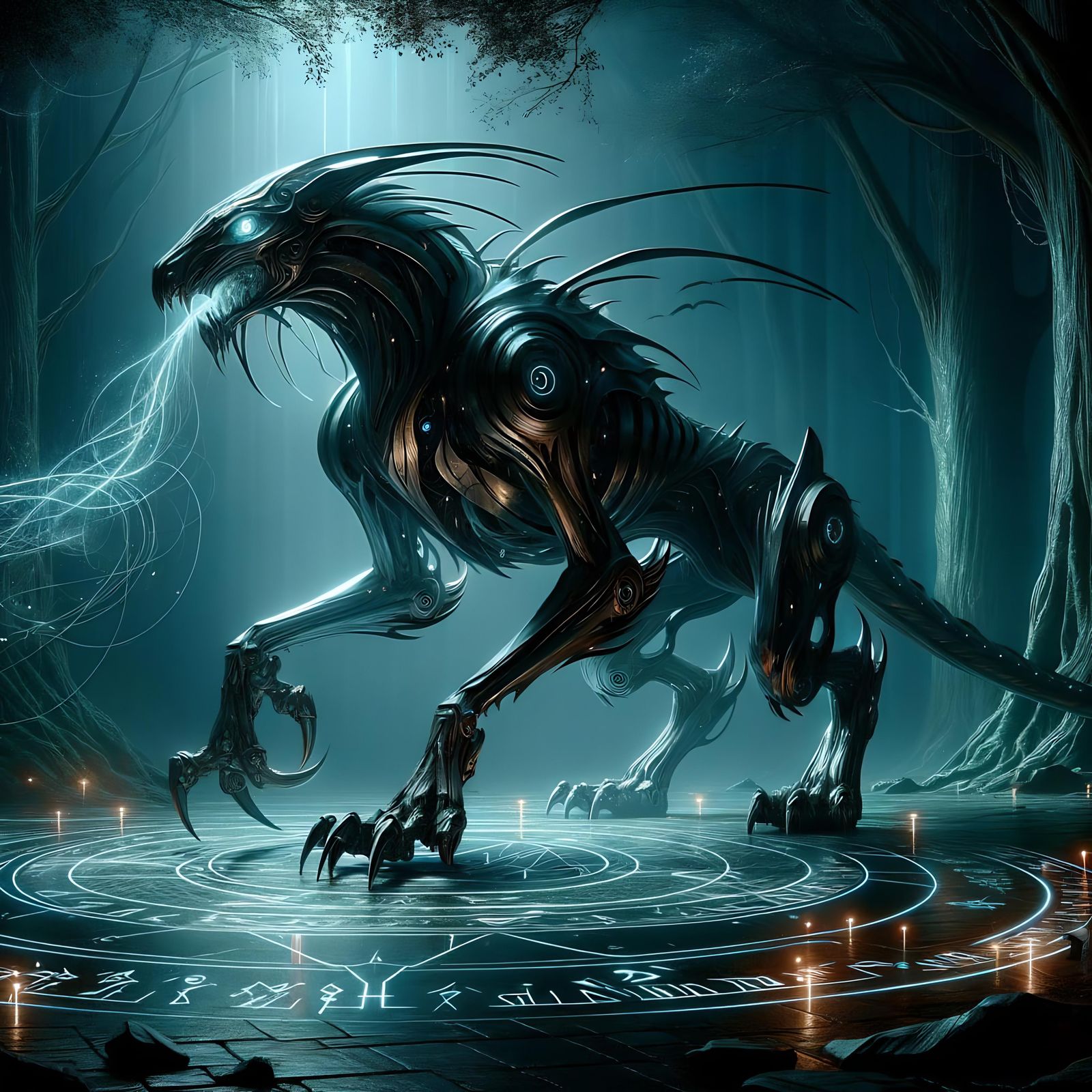 Metallic Beast in Mystical Forest with Glowing Runes