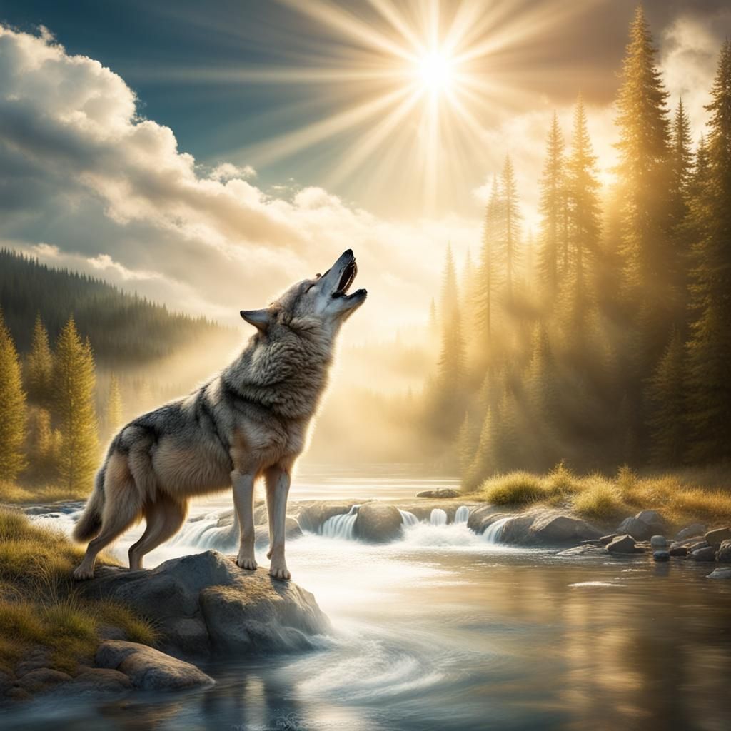Wolf Catches Salmon in Stream with Sunlight