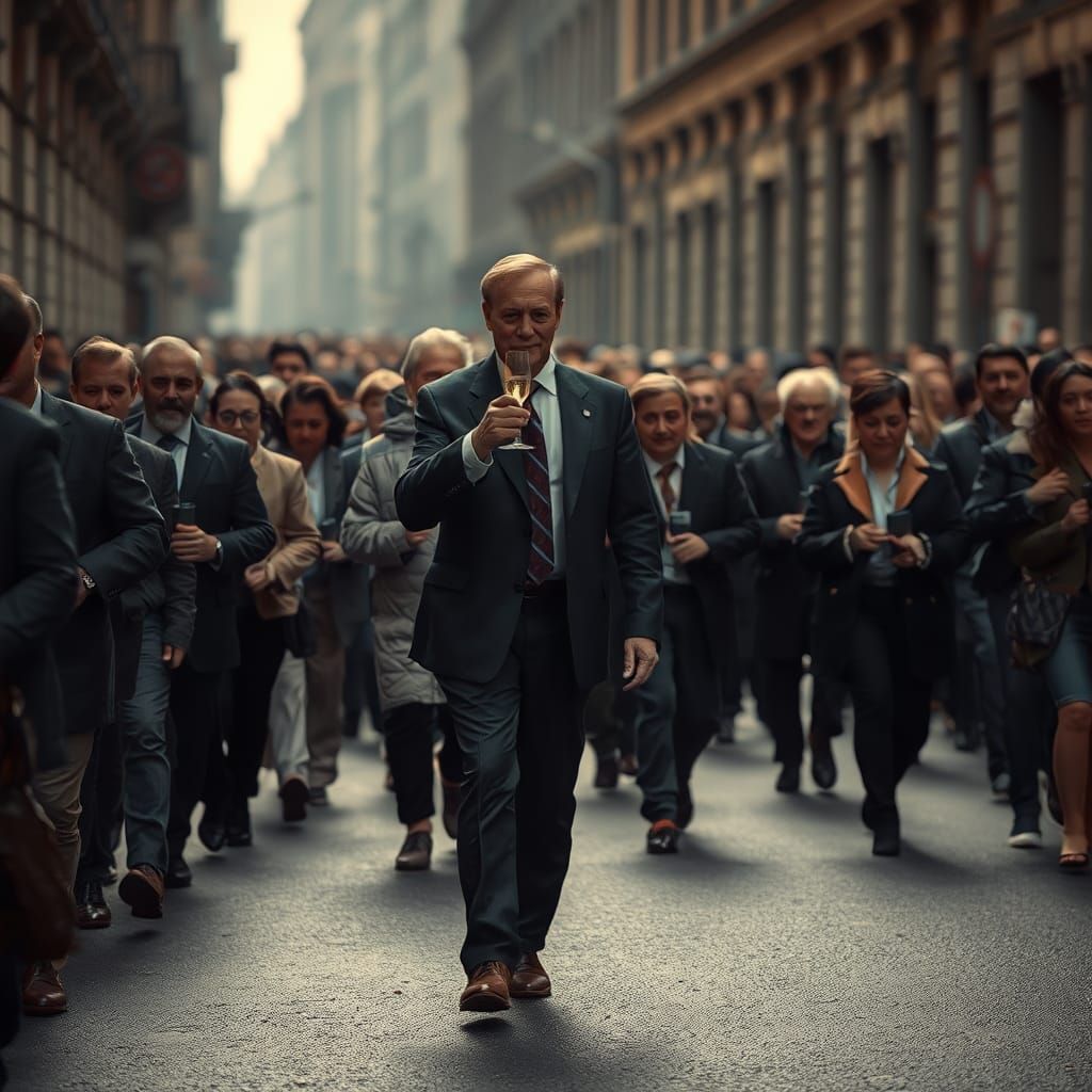 Sleepwalking Crowd Follows Prime Minister Sipping Champagne