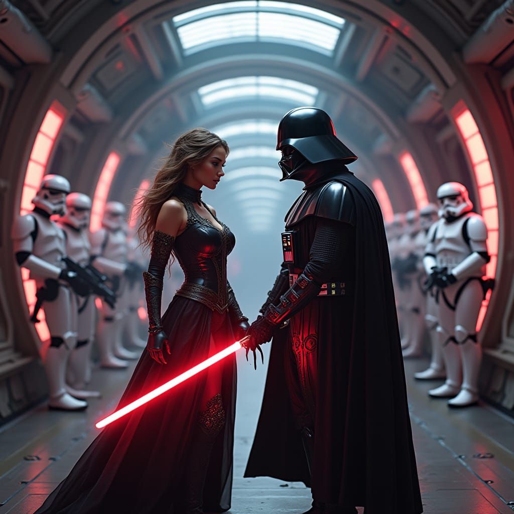 Woman vs. Vader in Gothic Starship Corridor