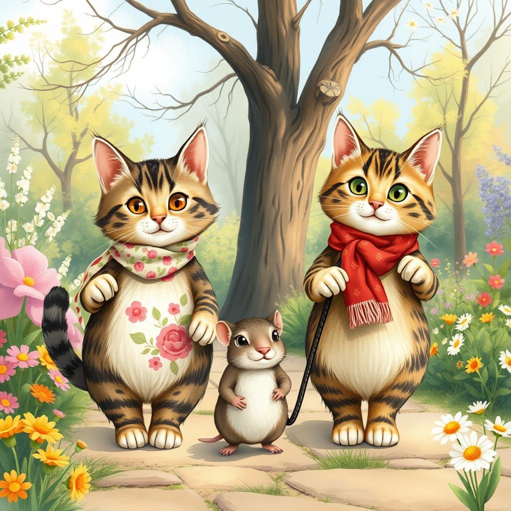 Whimsical Tabby Cats Stroll with Giant Pet Mouse in a Lush G...