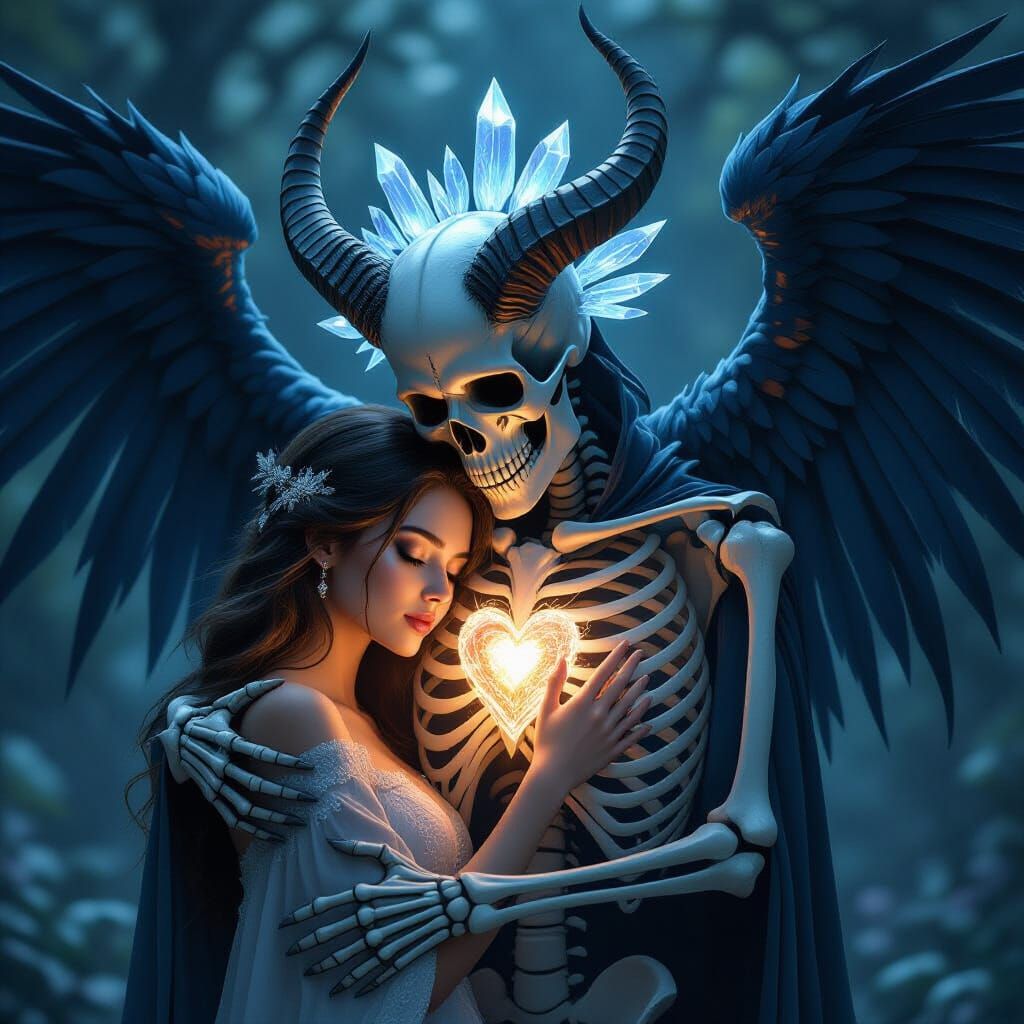 Ethereal Embrace: Skeletal Figure and Woman in Gothic Dreams...