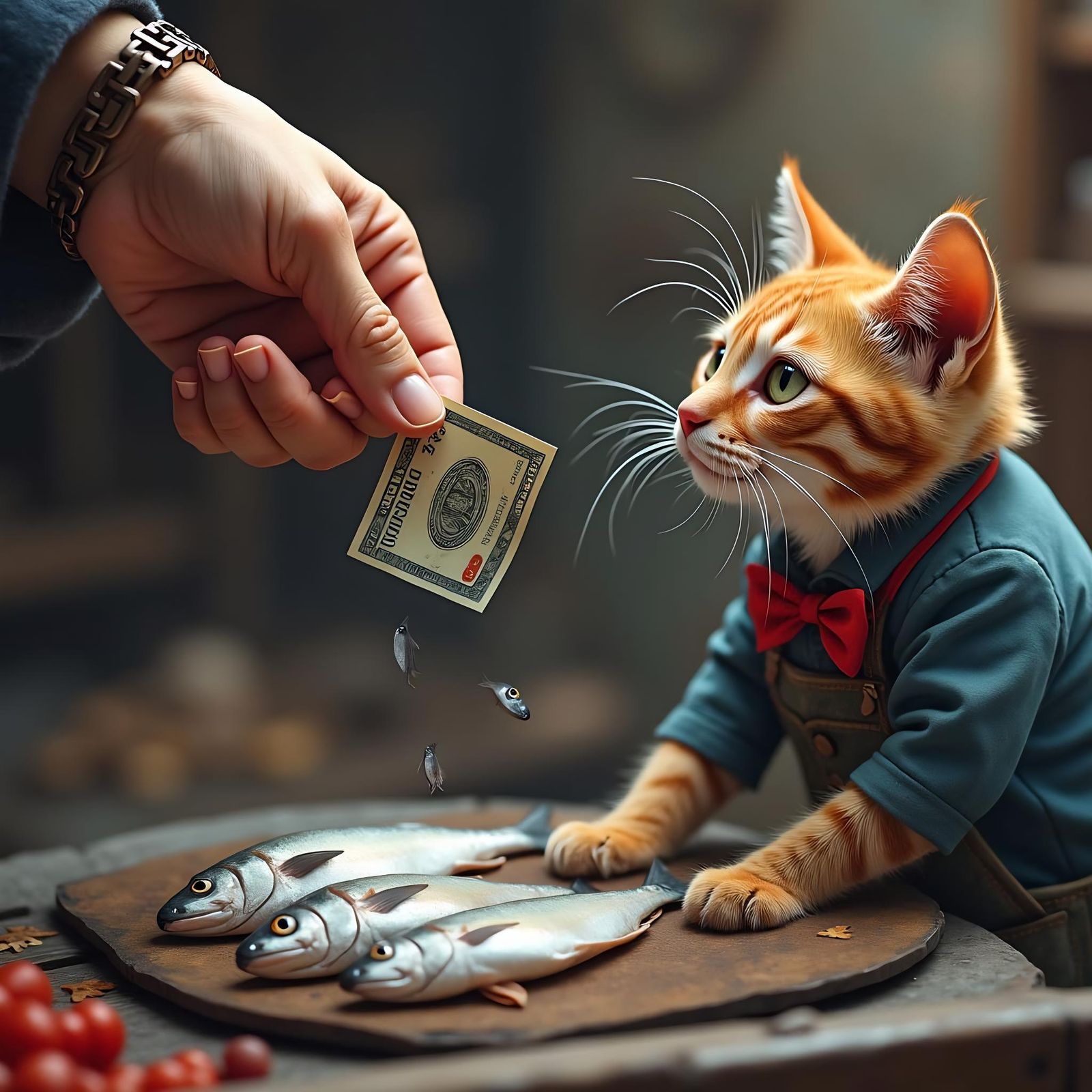 Fishmonger Cat Accepts Payment at Market