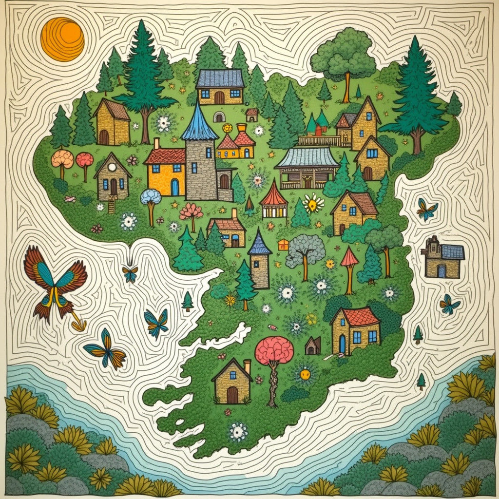 Intricate Doodle Map of Ireland in Mixed-Media Style
