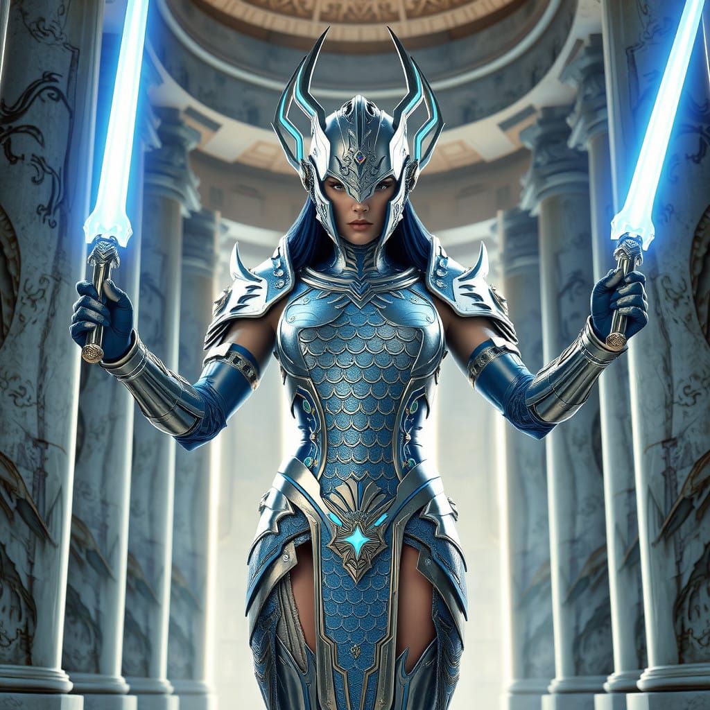Elegant Female Warrior in Balanced Armor with Energy Swords