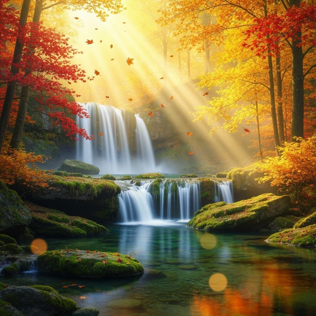 Golden Autumn Waterfall Forest Sanctuary
