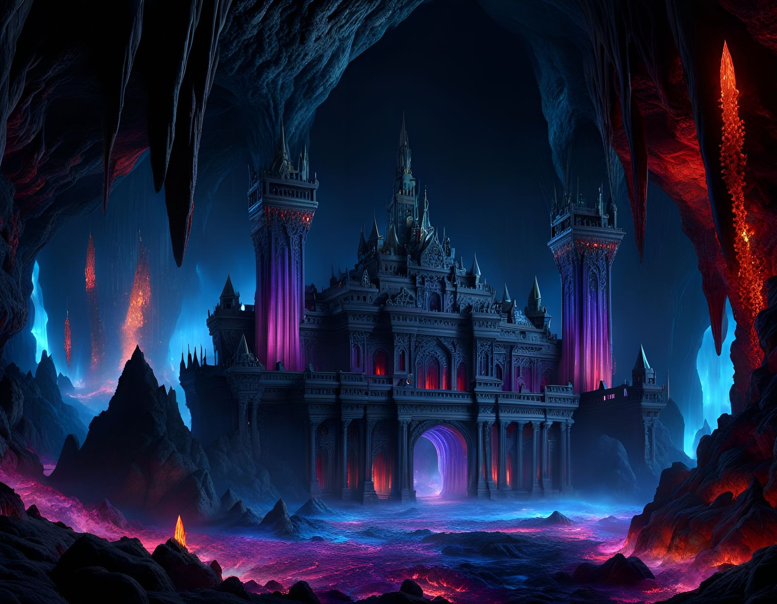 Infernal Palace in Underground Cavern with Bioluminescence