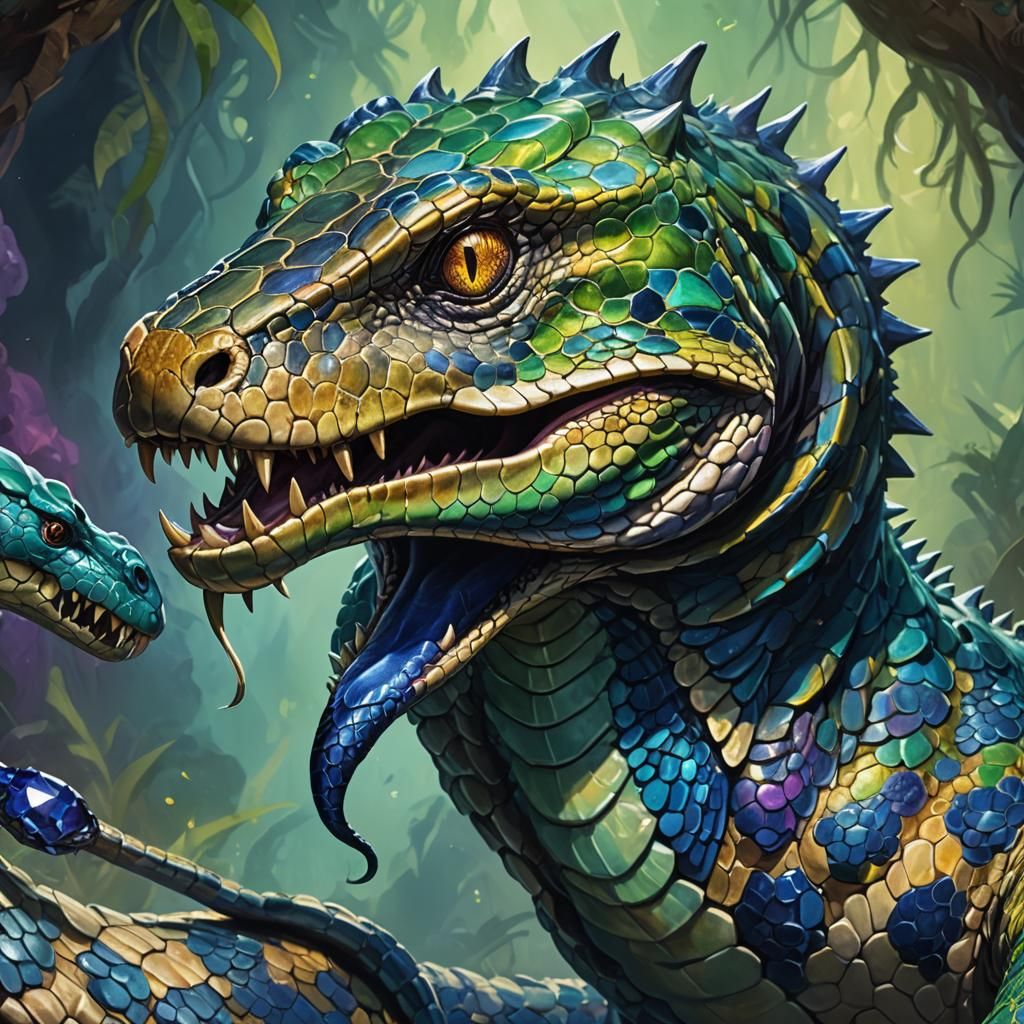 Serpentine Beast with Raptor Visage in Vibrant Oil Painting...