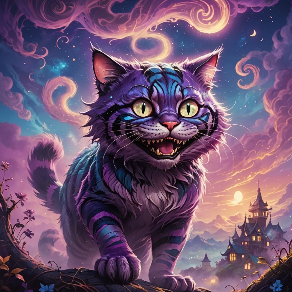 Cheshire Cat Smirk in Glowing Purple-Blue Sky