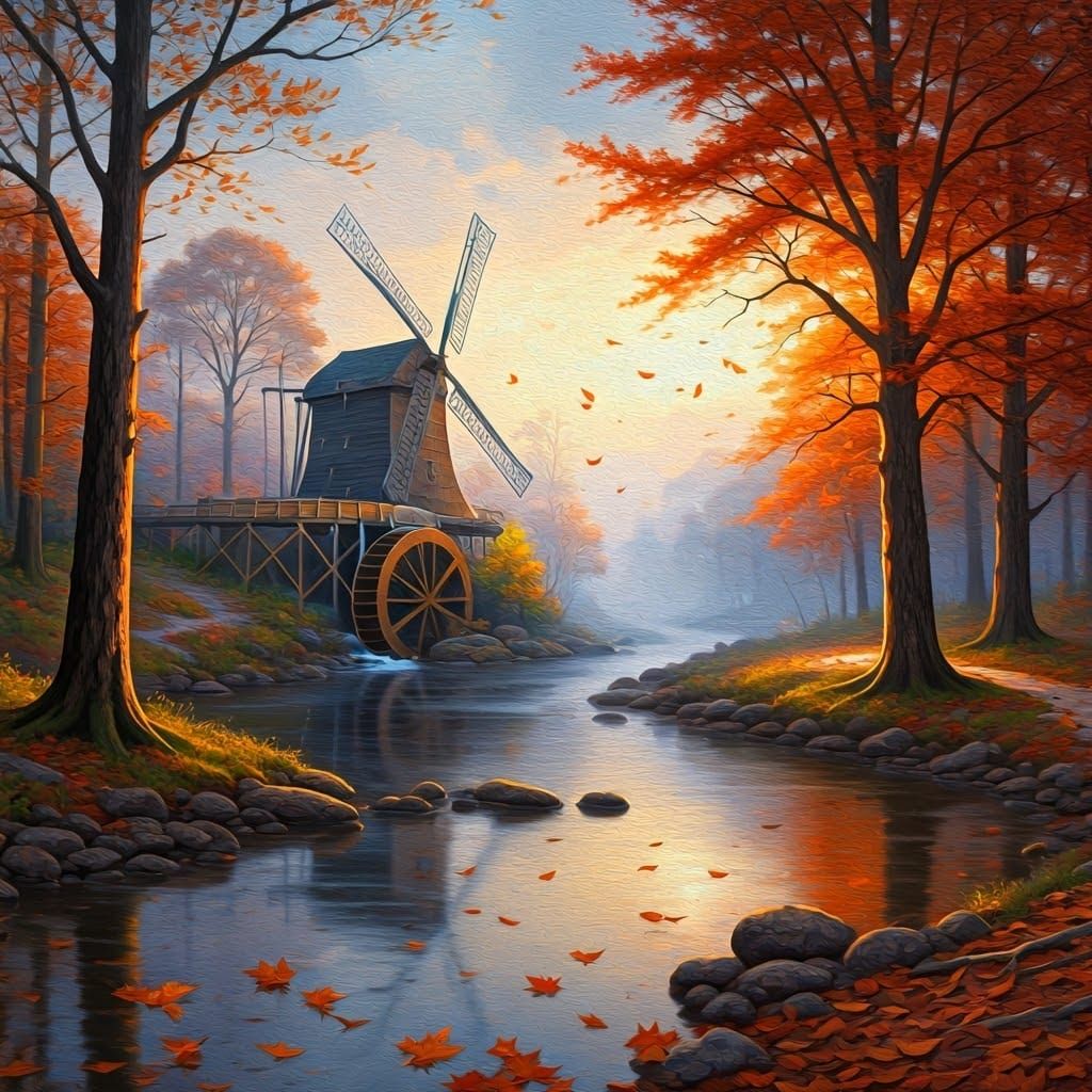 Autumn Forest River Scene in Impasto Style