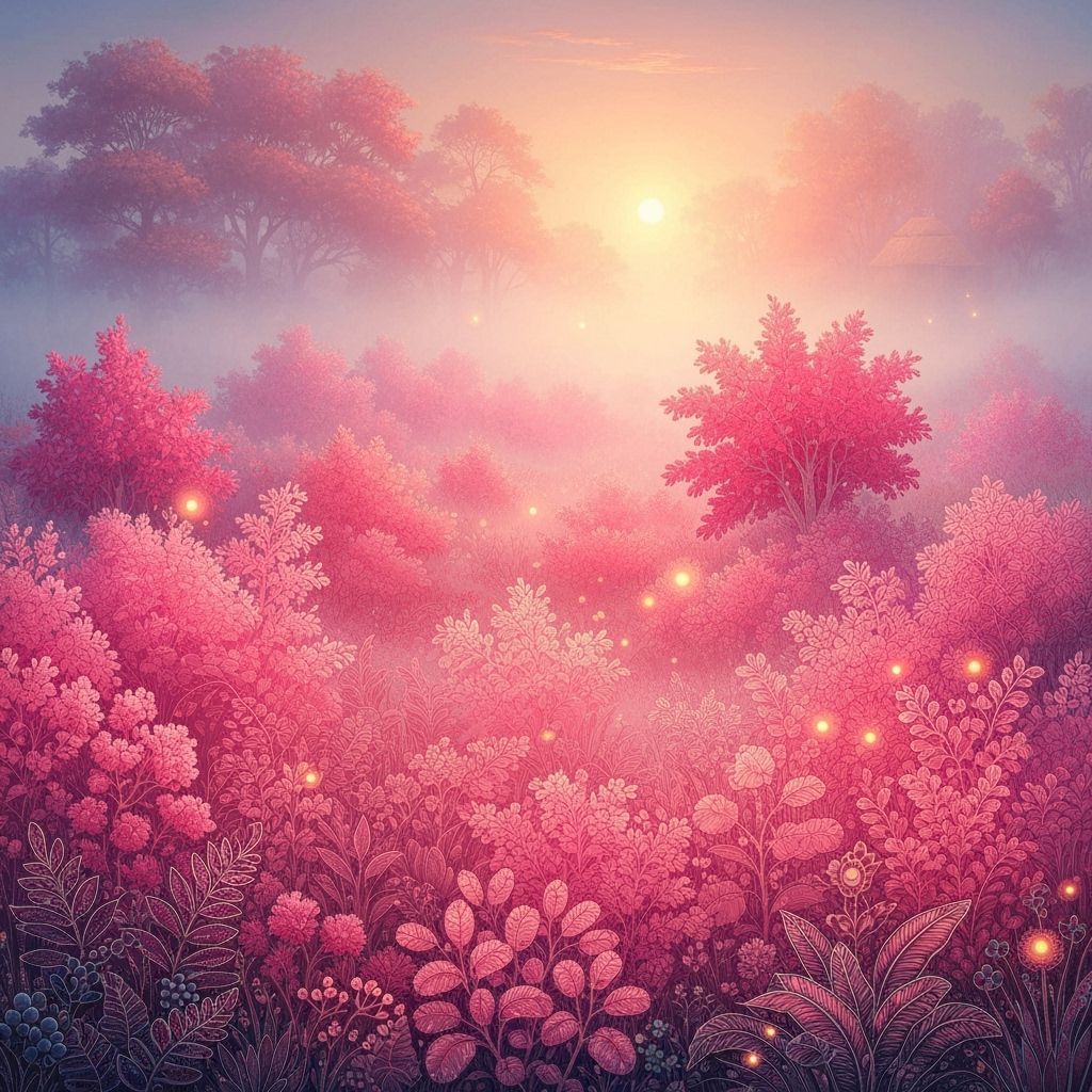 Ethereal Madhubani Pink Forest in Glowing Light