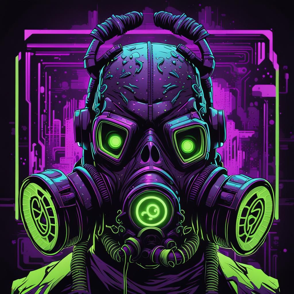 Cyberpunk Demon Skull with Neon Gas Mask