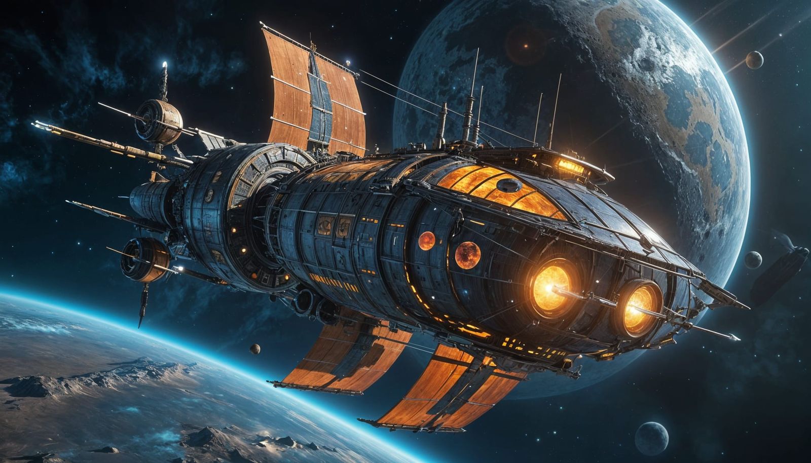 Retro-Futuristic Space Caravel Sailing Through Stars