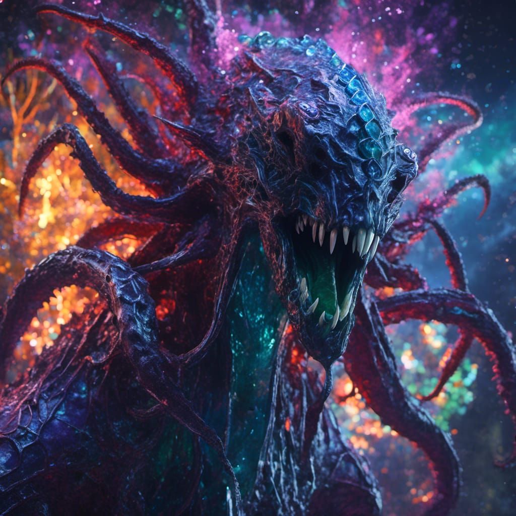 Handsome Kraken-Human Hybrid in Bioluminescent Ocean