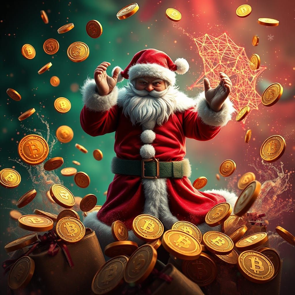 Heroic Bitcoin Santa in Vibrant Fantasy Scene