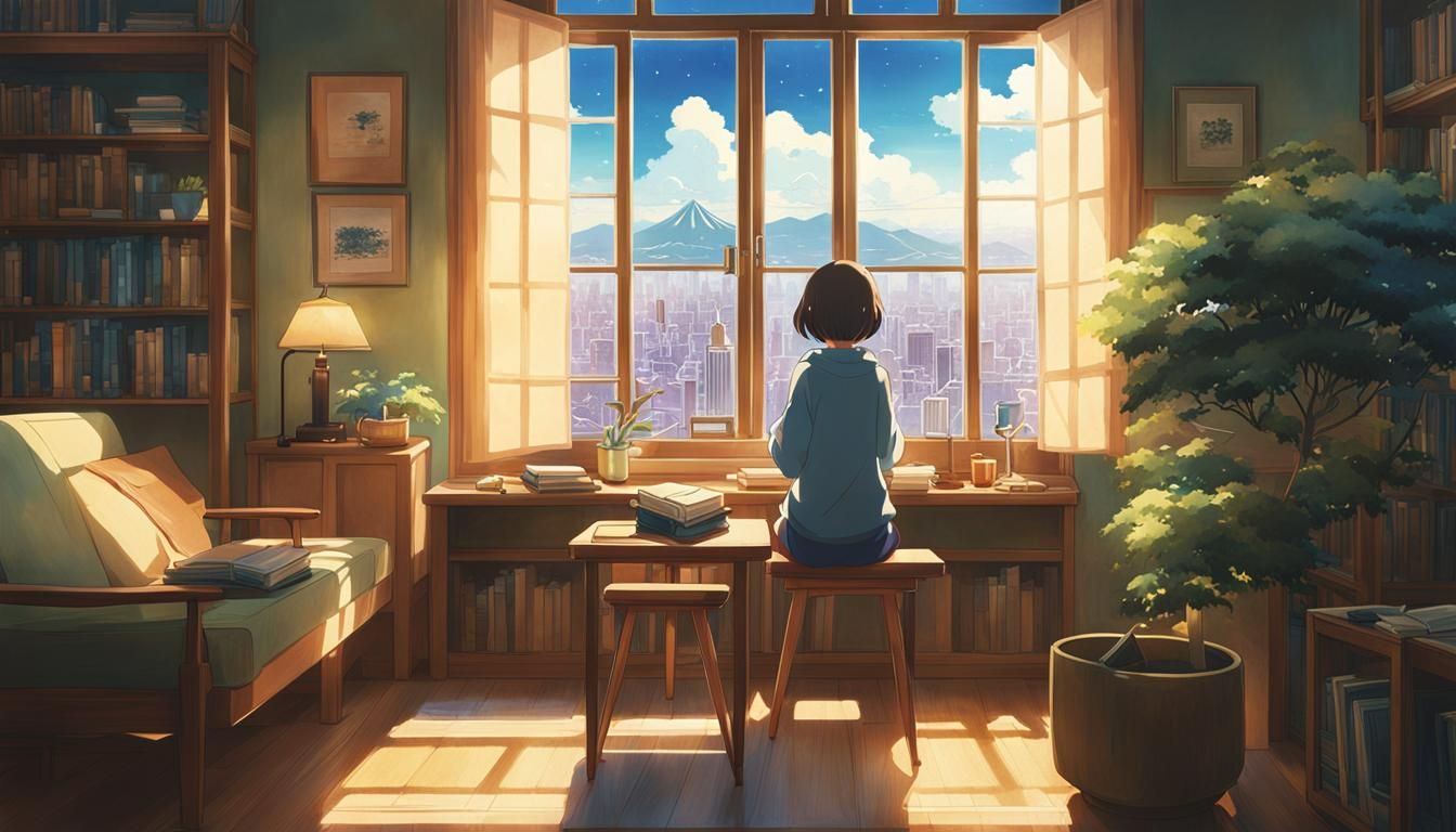 Serene City View: Girl Studying in Anime Style